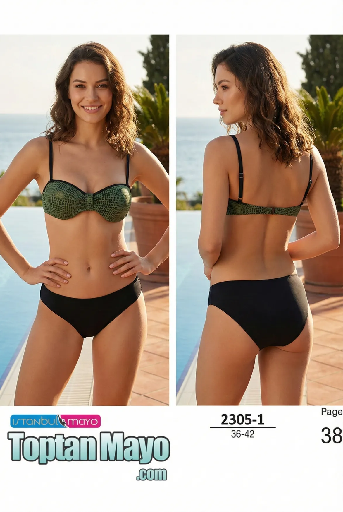 Haki timsah desenli balconette bikini takımı, siyah biye detaylı
