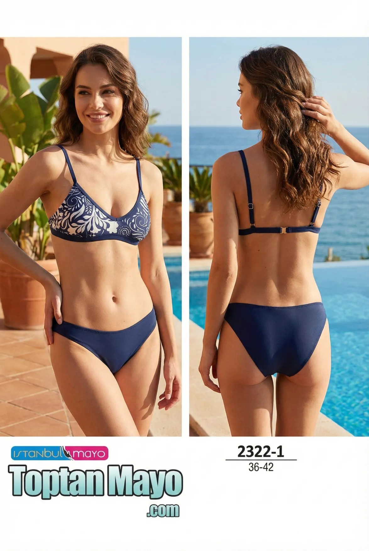 Lacivert zemin üzerine beyaz şal desenli bralet bikini takımı