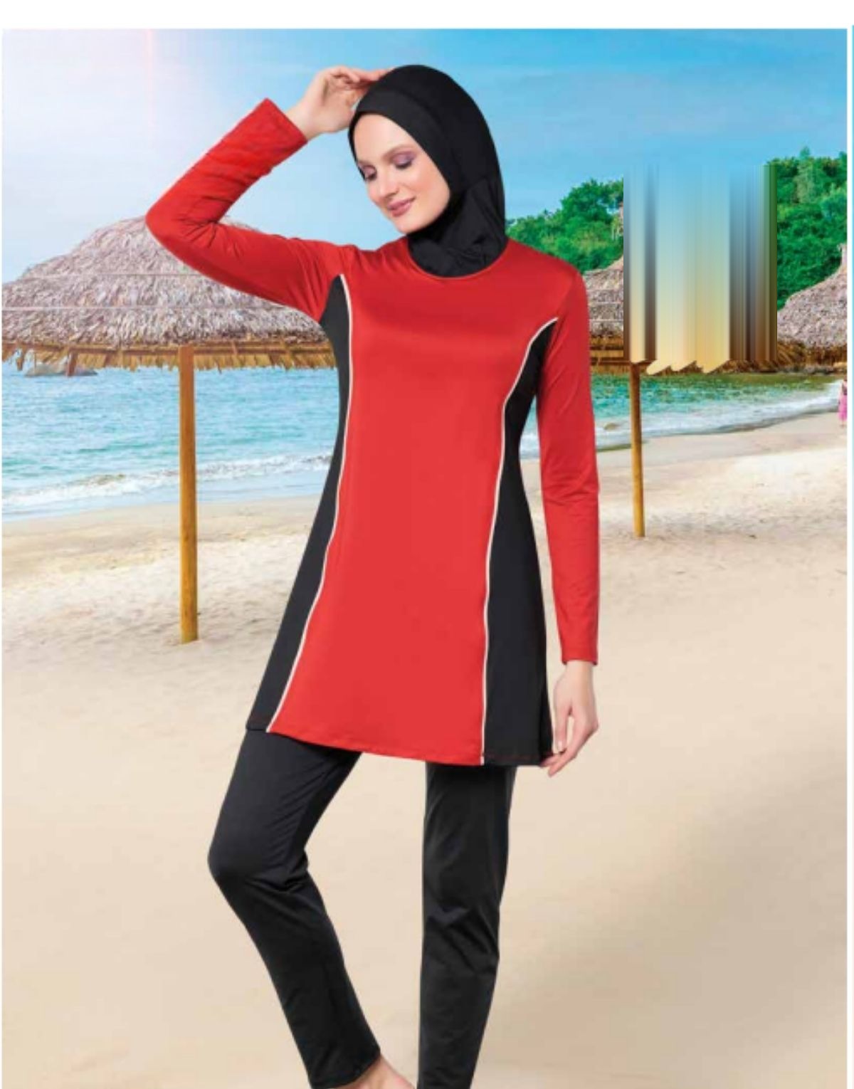 Kırmızı ve siyah battal beden tesettür mayo, tunik pantolon ve bone