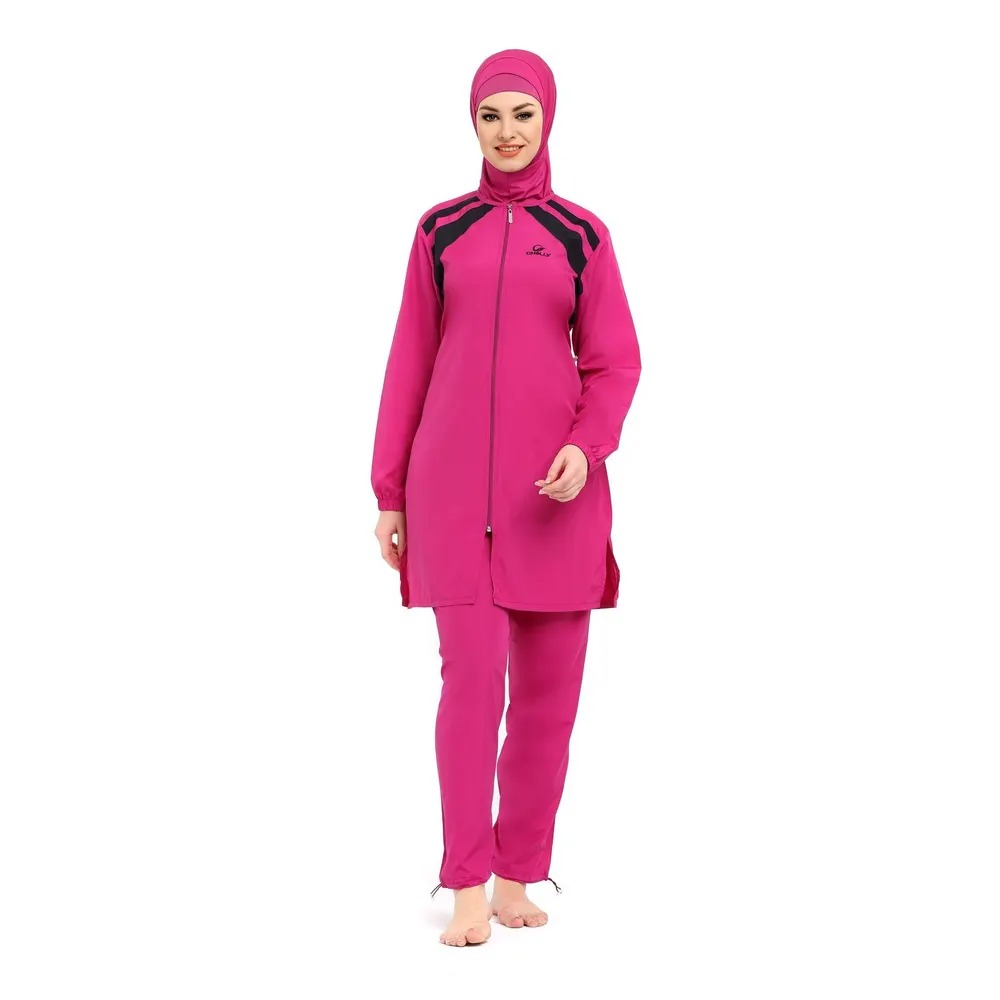 Fuşya pembe fermuarlı kapüşonlu tesettür mayo ve pantolon